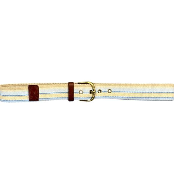 Eddie Bauer Vintage Pastel Spring Yellow Stripe Tan Leather Belt  M 31"-35" - Picture 1 of 4